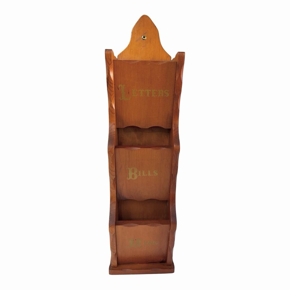Vintage Mail Organizer Wood Wall Hanging 3 Slots Bills Misc Letter Grannycore